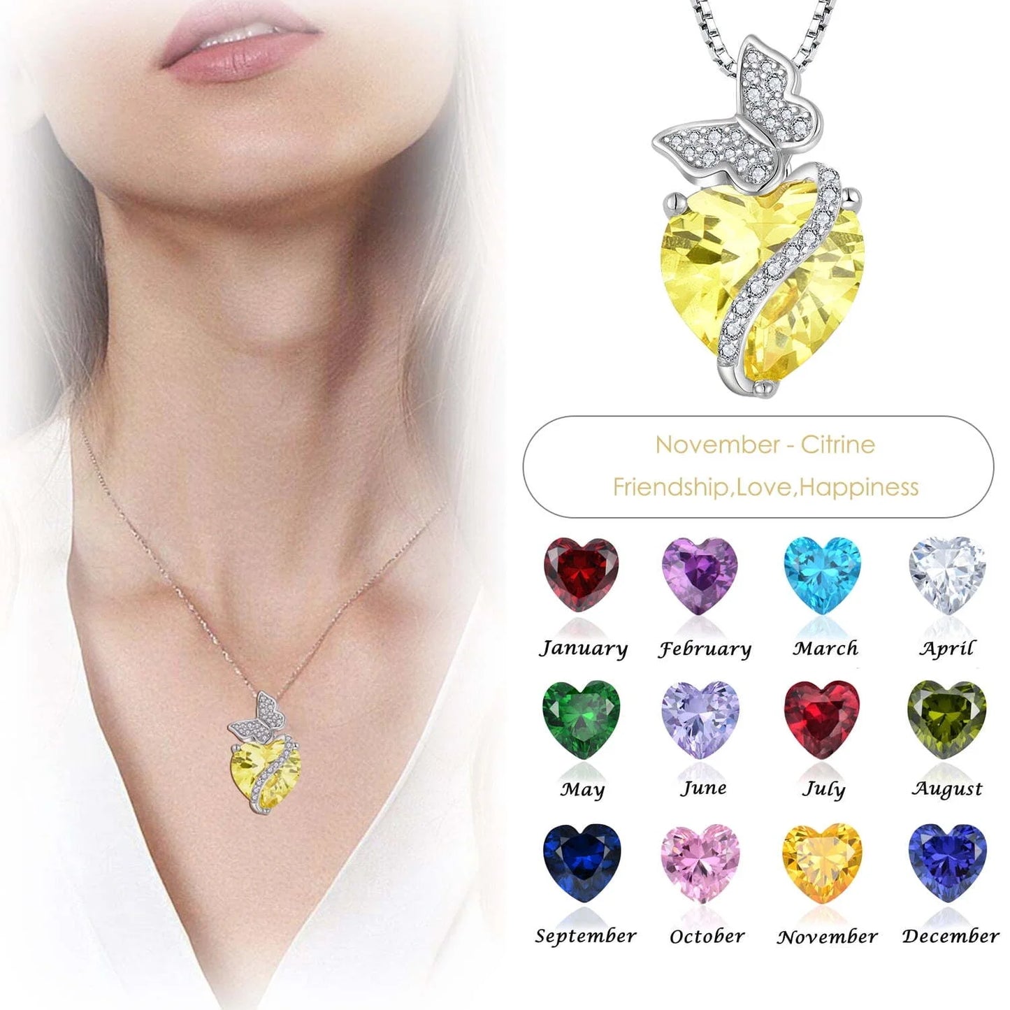 Sterling Silver November Birthstone Heart Necklace Butterfly Pendant Jewelry Gift for Women